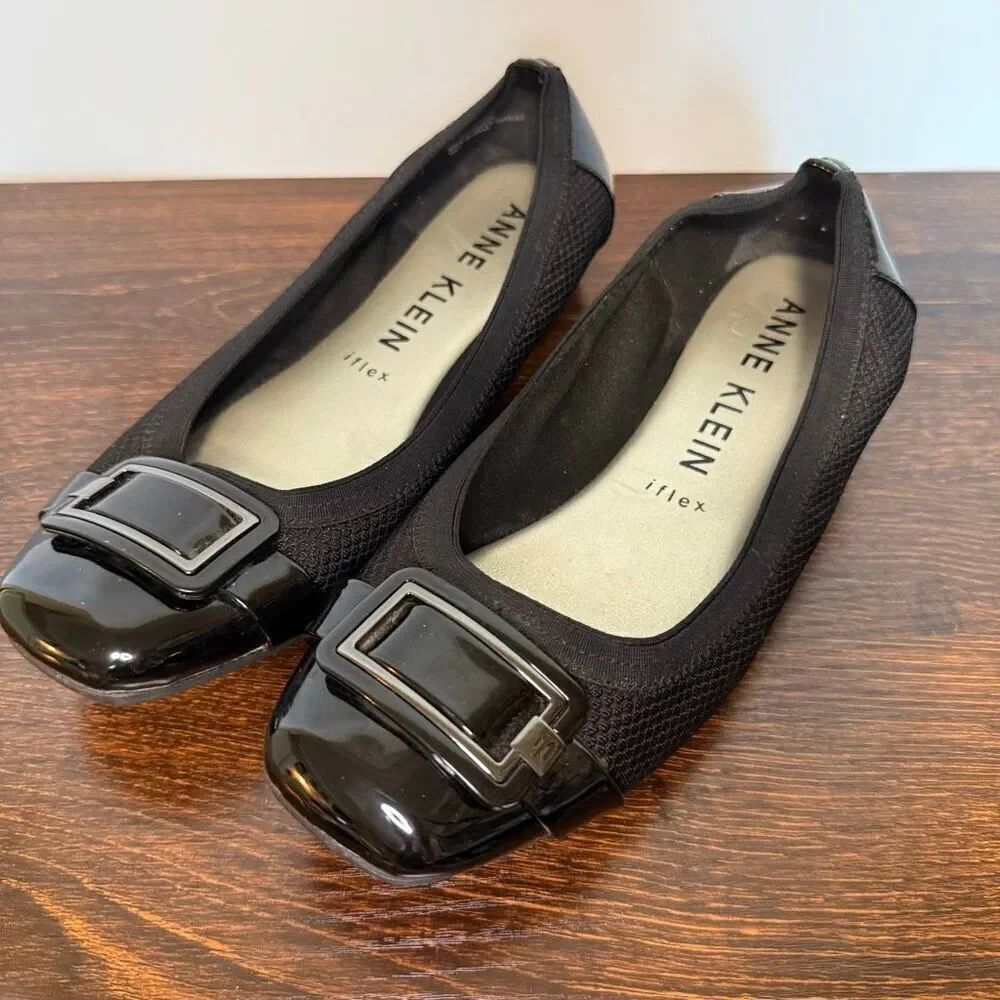 Anne Klein Flex ultimate flat square toe black Patton leather silver buckle flat